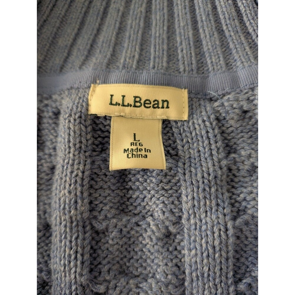 L.L.Bean Cable Knit Full Zip Sweater Size L Blue 100% Cotton Cardigan Cozy - Picture 2 of 8
